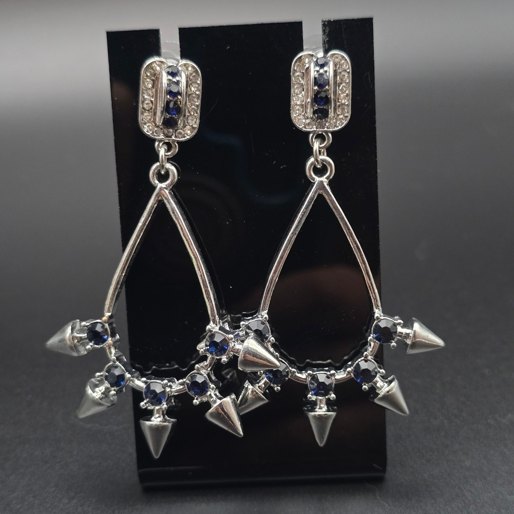 Blue Rhinestone Studded Spike Hoop Earrings Pierced Edgy Punk